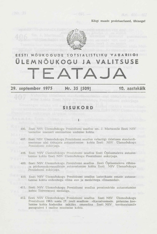 Eesti Nõukogude Sotsialistliku Vabariigi Ülemnõukogu ja Valitsuse Teataja ; 35 (509) 1975-09-29