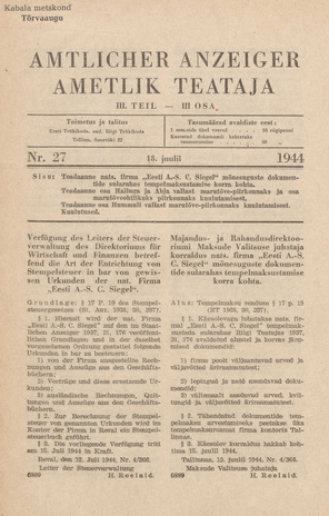 Ametlik Teataja. III osa = Amtlicher Anzeiger. III Teil ; 27 1944-07-18