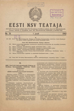Eesti NSV Teataja ; 21 1945-06-07