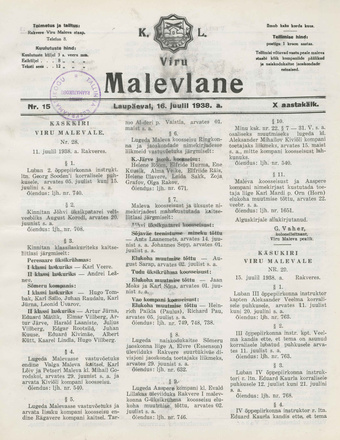 K. L. Viru Malevlane ; 15 1938-07-16