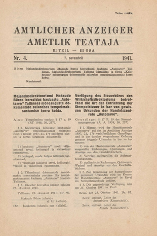 Ametlik Teataja. III osa = Amtlicher Anzeiger. III Teil ; 4 1941-11-07