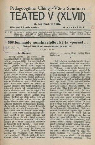 Pedagoogiline Ühing "Võru Seminar" : teated ; V (XLVII) 1937-09-03