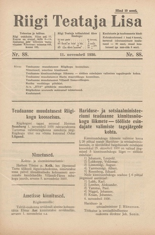 Riigi Teataja Lisa : seaduste alustel avaldatud teadaanded ; 88 1930-11-11