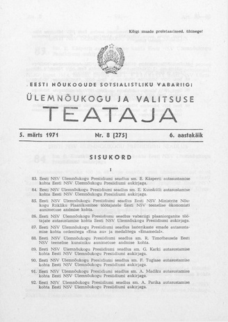 Eesti Nõukogude Sotsialistliku Vabariigi Ülemnõukogu ja Valitsuse Teataja ; 8 (275) 1971-03-05