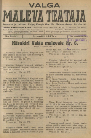 Valga Maleva Teataja ; 6 (179) 1937-04-05