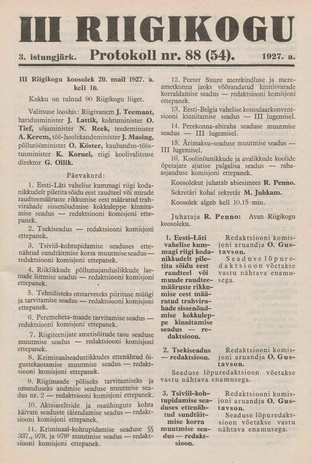 III Riigikogu : III istungjärk : protokoll nr. 88 (54)