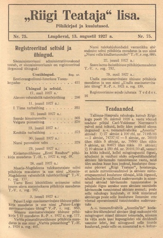 Riigi Teataja Lisa : seaduste alustel avaldatud teadaanded ; 75 1927-08-13