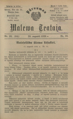 Pärnumaa Maleva Teataja ; 16 (44) 1930-08-26