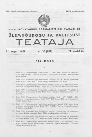 Eesti Nõukogude Sotsialistliku Vabariigi Ülemnõukogu ja Valitsuse Teataja ; 30 (807) 1987-08-31