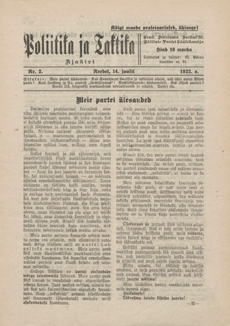 Poliitika ja Taktika Ajakiri ; 2 1922-07-14