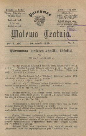 Pärnumaa Maleva Teataja ; 5 (9) 1929-03-10