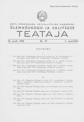 Eesti Nõukogude Sotsialistliku Vabariigi Ülemnõukogu ja Valitsuse Teataja ; 33 1966-07-26