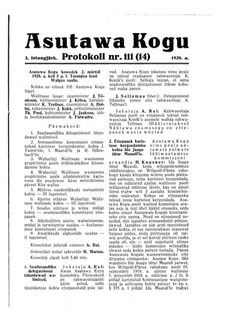 Asutawa Kogu protokoll nr.111 (14) (2. märts 1920)