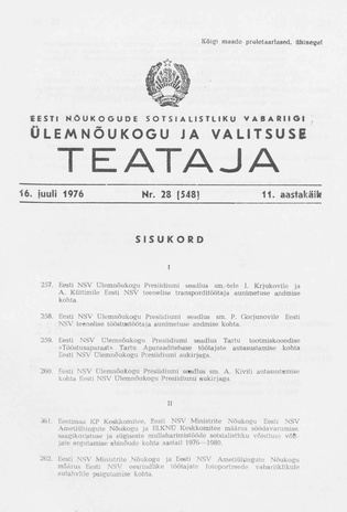 Eesti Nõukogude Sotsialistliku Vabariigi Ülemnõukogu ja Valitsuse Teataja ; 28 (548) 1976-07-16