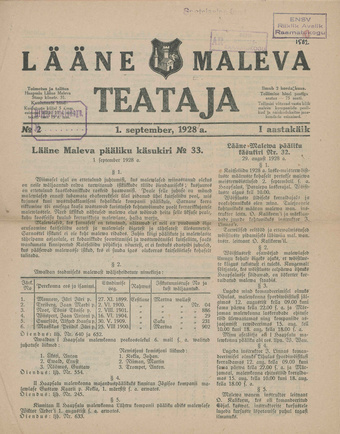 Lääne Maleva Teataja ; 2 1928-09-01