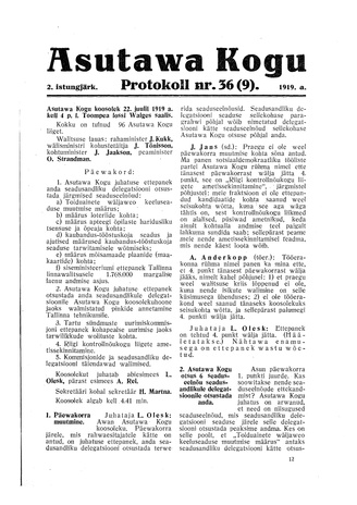 Asutawa Kogu protokoll nr.36 (9) (22. juuli 1919)