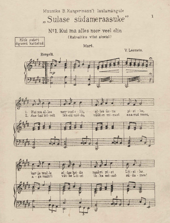 Muusika B. Kangermann'i laulumängule "Sulase südameraasuke"