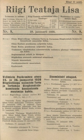 Riigi Teataja Lisa : seaduste alustel avaldatud teadaanded ; 8 1938-01-28