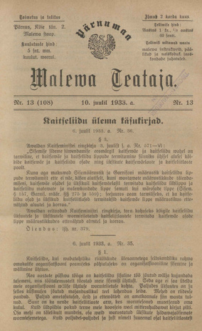 Pärnumaa Maleva Teataja ; 13 (108) 1933-07-10