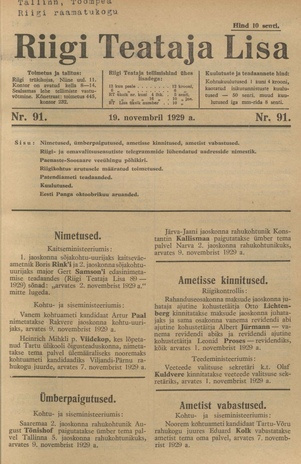 Riigi Teataja Lisa : seaduste alustel avaldatud teadaanded ; 91 1929-11-19