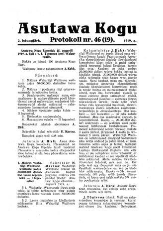 Asutawa Kogu protokoll nr.46 (19) (15. august 1919)