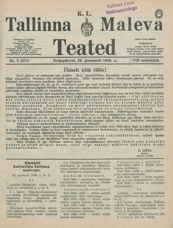 K. L. Tallinna Maleva Teated ; 3 (277) 1936-01-23