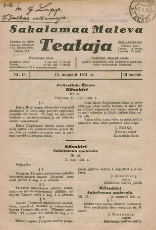 Sakalamaa Maleva Teataja ; 15 1931-08-15