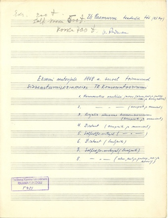 Eksamimaterjale 1968. a. suvel toimunud sisseastumiseksameiks TR Konservatooriumi