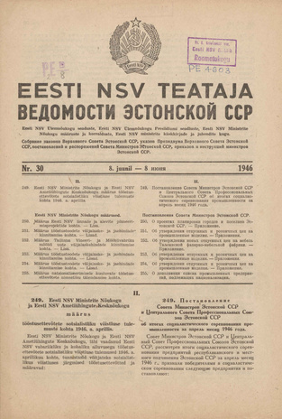 Eesti NSV Teataja = Ведомости Эстонской ССР ; 30 1946-06-08