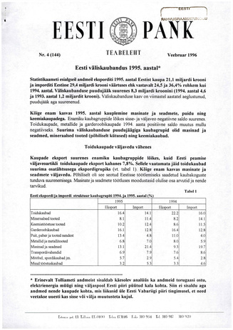 Eesti Pank : teabeleht ; 4 (144) 1996-02