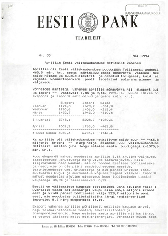 Eesti Pank : teabeleht ; 33 1994-05