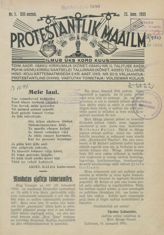 Protestantlik Maailm : Usu- ja kirikuküsimusi käsitlev vabameelne ajakiri ; 1 1935-01-23