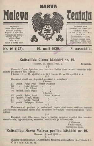 Narva Maleva Teataja ; 10 (175) 1939-05-16