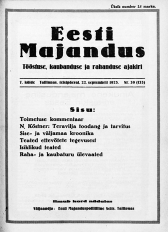 Eesti Majandus ; 39 (133) 1925-09-22