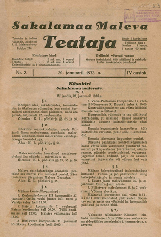 Sakalamaa Maleva Teataja ; 2 1932-01-20