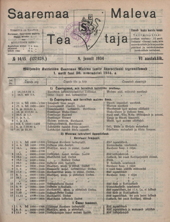 Saaremaa Maleva Teataja ; 14/15 (127/128) 1934-06-08