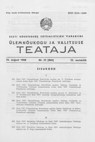 Eesti Nõukogude Sotsialistliku Vabariigi Ülemnõukogu ja Valitsuse Teataja ; 35 (860) 1988-08-26
