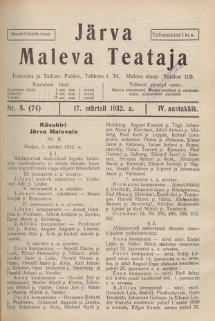 Järva Maleva Teataja ; 5 (74) 1932-03-17