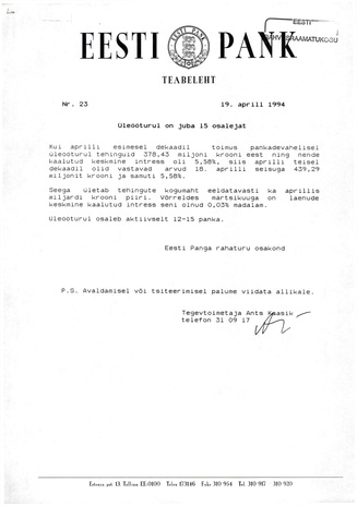 Eesti Pank : teabeleht ; 23 1994-04-19