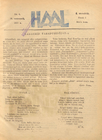 Hääl : kunsti, teaduse ja belletristika kuukiri ; 4 1933-02-18