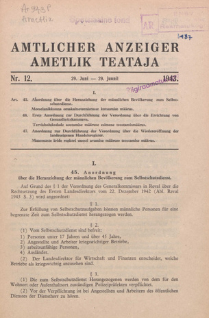 Ametlik Teataja. I/II osa = Amtlicher Anzeiger. I/II Teil ; 12 1943-06-29