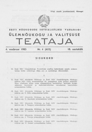 Eesti Nõukogude Sotsialistliku Vabariigi Ülemnõukogu ja Valitsuse Teataja ; 4 (652) 1983-02-04