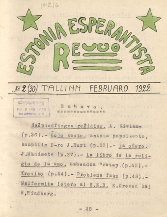 Estonia Esperantista Revuo ; 2 (30) 1922-02