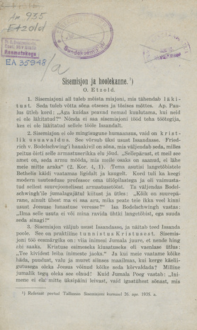 Sisemisjon ja hoolekanne : referaat peetud Tallinnas Sisemisjoni kursusel 26. apr. 1935. a. 