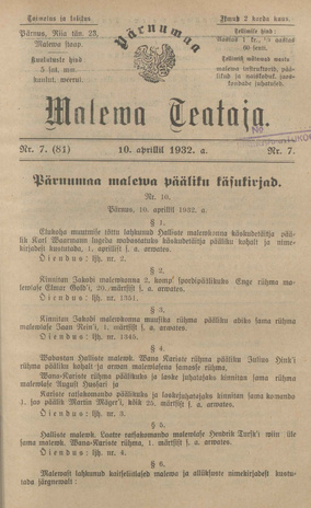Pärnumaa Maleva Teataja ; 7 (81) 1932-04-10