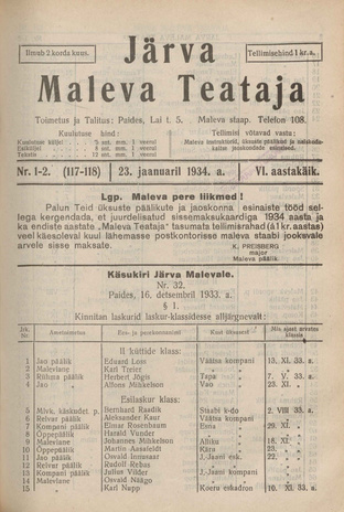Järva Maleva Teataja ; 1-2 (117-118) 1934-01-23