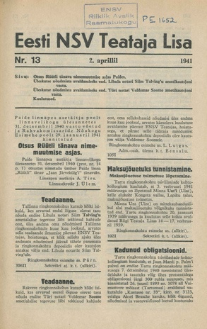 Eesti NSV Teataja lisa ; 13 1941-04-02