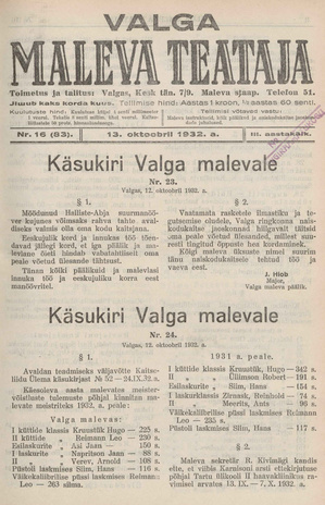Valga Maleva Teataja ; 16 (83) 1932-10-13