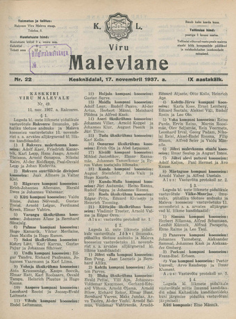 K. L. Viru Malevlane ; 22 1937-11-17