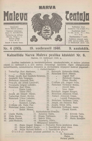 Narva Maleva Teataja ; 4 (193) 1940-02-19
